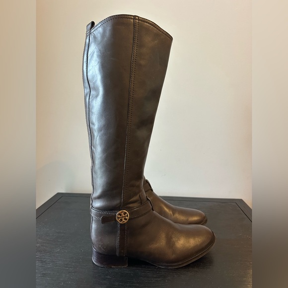 Tory Burch Bristol Brown Coconut Gold Leather Riding Boots Knee Both Size 8.5